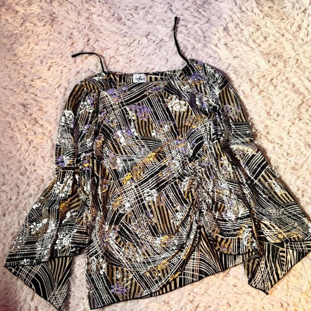 Vintage Metallic Asymmetrical Abstract Grandma Core Ruched Funky Top Womens 3X